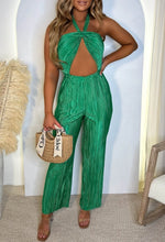 Cocktails O Clock Green Halter Cut Out Shimmer Plisse Jumpsuit