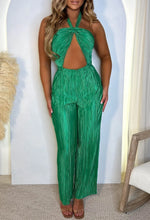 Cocktails O Clock Green Halter Cut Out Shimmer Plisse Jumpsuit